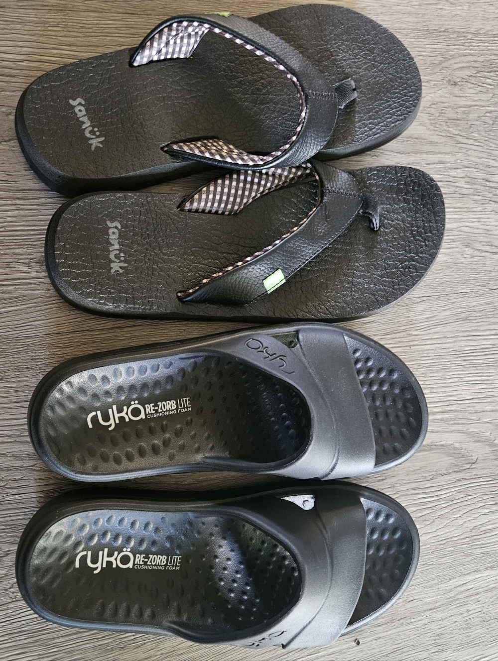 Sanük Black Flip Flops & Ryka Black Slide Sandals